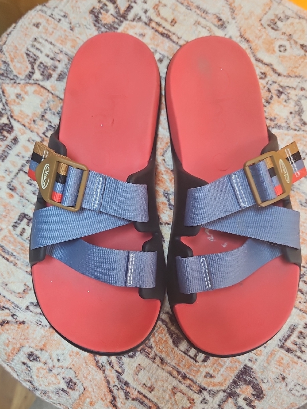 Chaco Red Footbed Sandals with Blue Straps and Tan Buckles